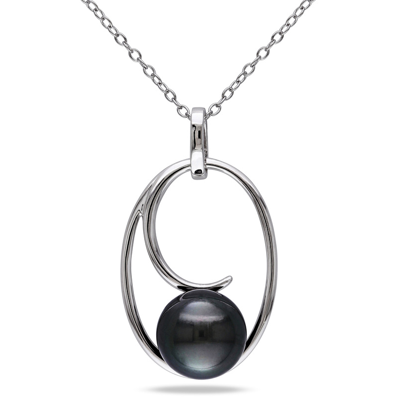 9.5 - 10 MM Black Tahitian Cultured Pearl Geometric Pendant with Chain in Sterling Silver - 18 in.