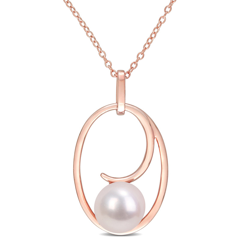 9-9.5 MM Cultured Freshwater Pearl Oval Drop Pendant With Chain in Rose Plated Sterling Silver - 18 in.