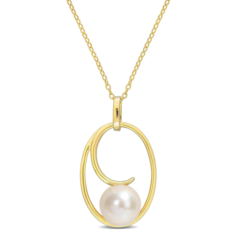 9.5-10 MM Cultured Freshwater Pearl Geometric Pendant with Chain in 18k Yellow Gold Plated Sterling Silver - 20 in.