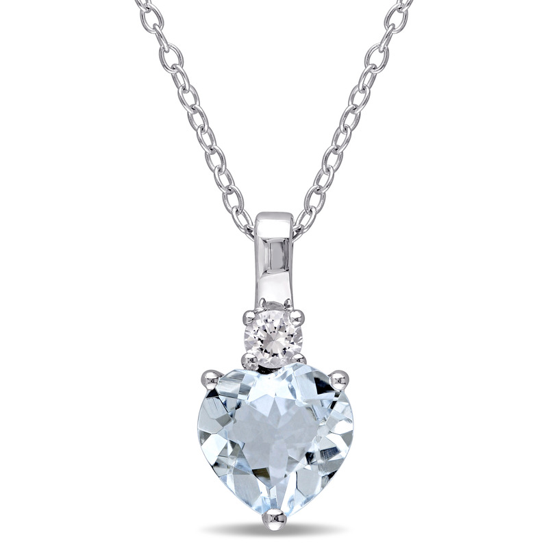 Aquamarine and Created White Sapphire Heart Pendant with Chain in Sterling Silver