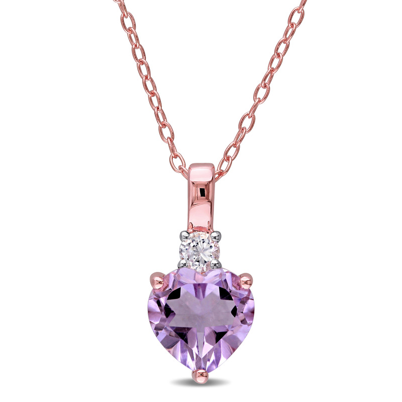 Rose de France and Created White Sapphire Heart Pendant with Chain in Rose Plated Sterling Silver - 18 in.