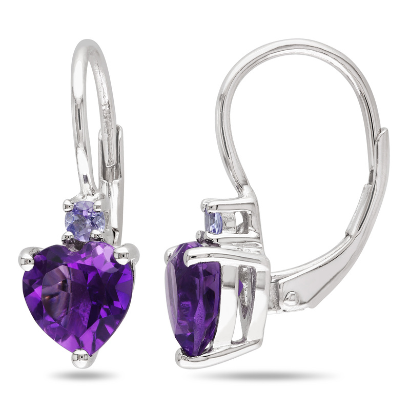2 5/8 CT TGW Amethyst and Tanzanite Heart Leverback Earrings in Sterling Silver