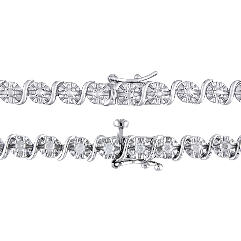 1 1/2 CT TW Diamond S-Link Tennis Bracelet and Necklace Set in Sterling Silver - 17 in + 7.25 in