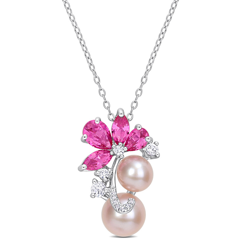 Pink Cultured Freshwater Pearl & 3 1/8 CT TGW Created Pink and White Sapphire Pendant with Chain in Sterling Silver