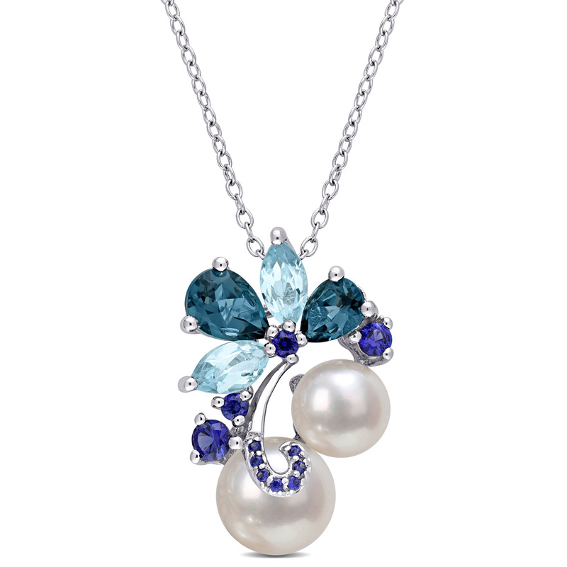 White Cultured Freshwater Pearl, London and Sky-Blue Topaz, and Sapphire Pendant with Chain in Sterling Silver