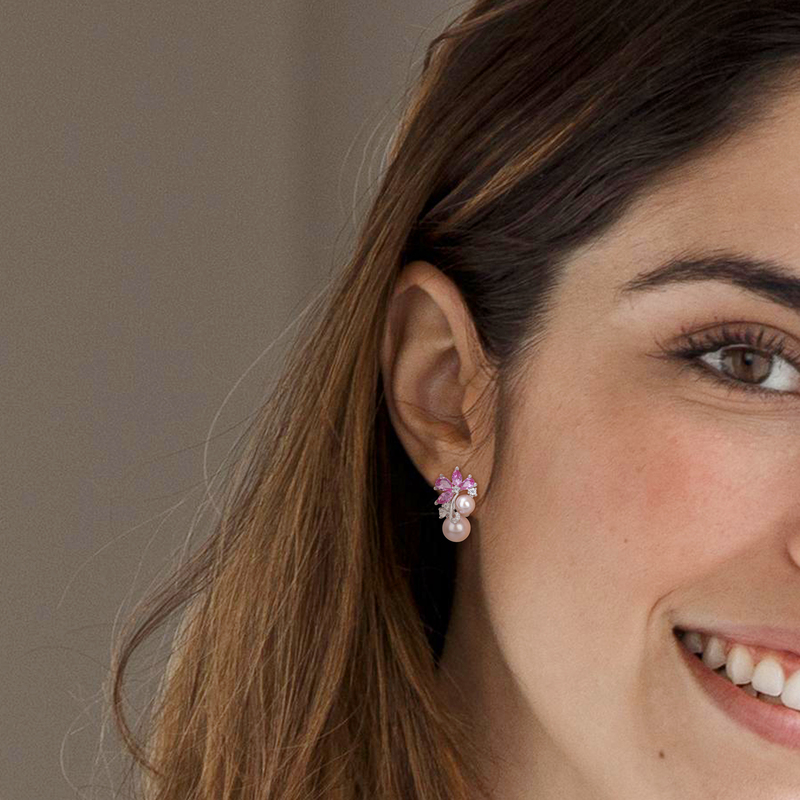 Pink Cultured Freshwater Pearl & 4 1/4 CT TGW Created Pink and White Sapphire Earings in Sterling Silver