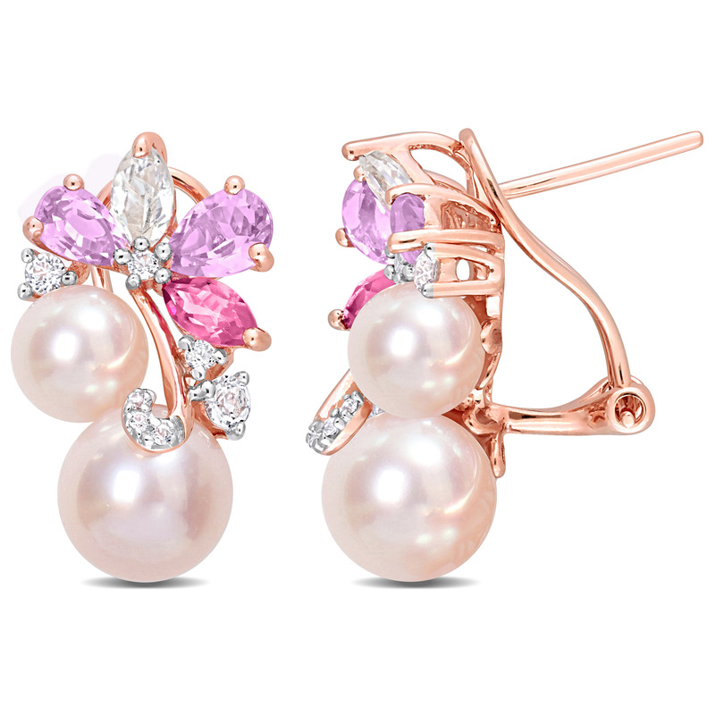 6 - 8.5 MM Pink Cultured Freshwater Pearl & 2 1/2 CT TGW Rose de France and Topaz Earrings in18k Rose Plated Sterling Silver