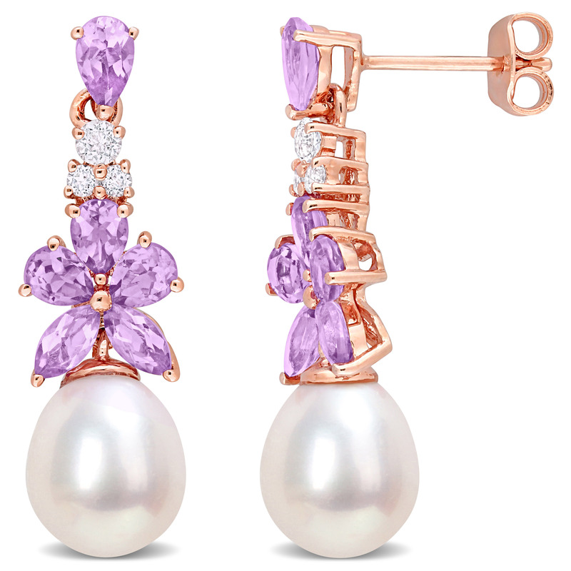 Amethyst, White Topaz and Rose de France and 8.5 - 9 MM White Cultured Freshwater Pearl Drop Earrings in 18k Rose Gold Plated Sterling Silver Amethyst, White Topaz and Rose de France and 8.5 - 9 MM White Cultured Freshwater Pearl Drop Earrings in 18k Rose Gold Plated Sterling Silver