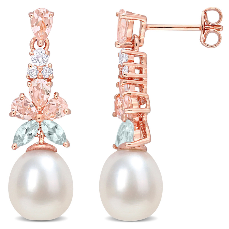 2 1/4 CT TGW Morganite, White Topaz and Aquamarine and 8.5 - 9 MM White Cultured Freshwater Pearl Drop Earrings in 18k Rose Gold Plated Sterling Silver