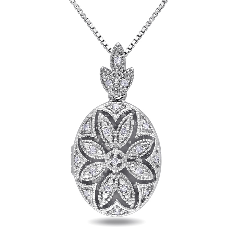 1/10 CT TW Diamond Floral Locket Pendant with Chain in Sterling Silver - 18 in
