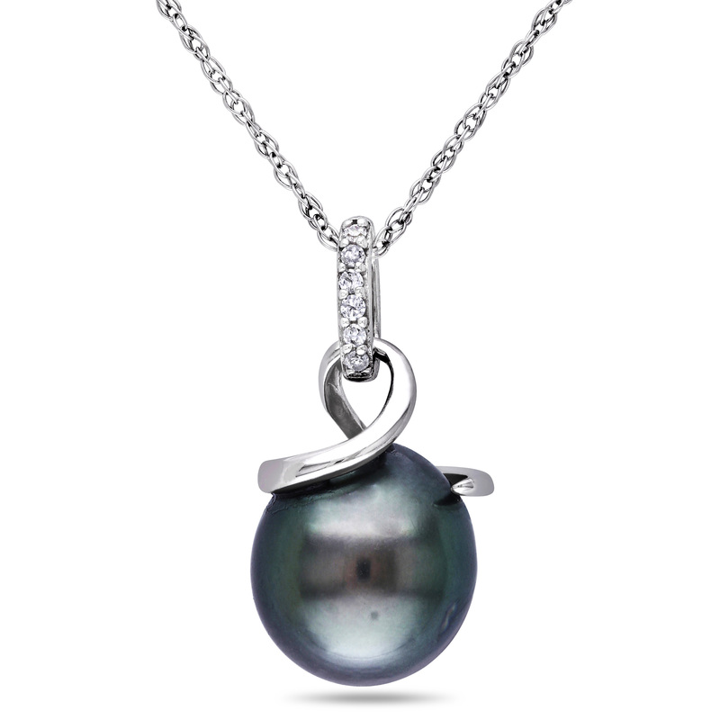8 - 8.5 MM Black Tahitian Cultured Pearl and Diamond Twist Pendant with Chain in 10k White Gold
