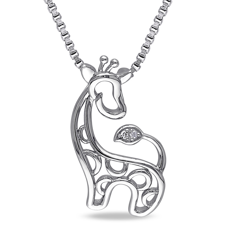 Diamond Giraffe Pendant with Chain in Sterling Silver