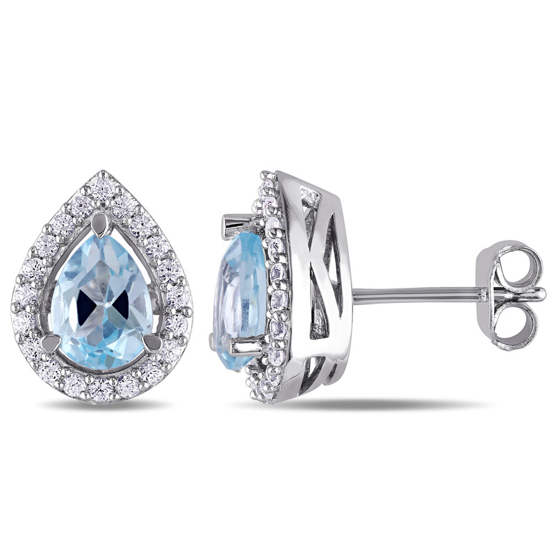 Blue Topaz and Created White Sapphire Teardrop Earrings in Sterling Silver