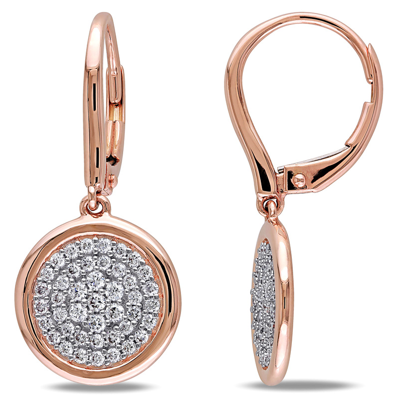 1/2 CT TW Diamond Pave Disc Leverback Earrings in 14k Rose Gold