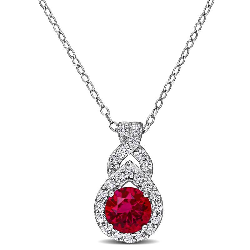 Created White Sapphire and Created Ruby Teardrop Halo Pendant with Chain in Sterling Silver