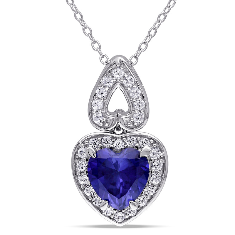 3 1/10 CT TGW Created Blue and Created White Sapphire Heart Halo Pendant with Chain in Sterling Silver