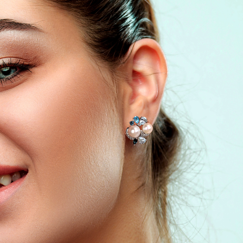 3 1/2 CT TGW Created White Sapphire, Multicolor BlueTopaz and White Cultured Freshwater Pearl Cluster Earrings in Sterling Silver