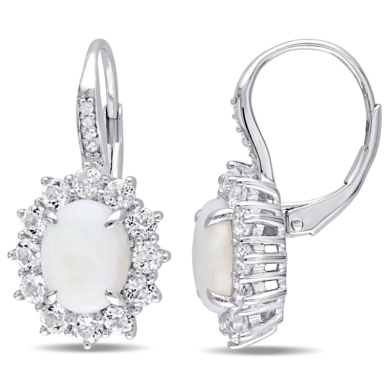 3 7/8 CT TGW Opal, White Topaz and Diamond Halo Leverback Earrings in Sterling Silver