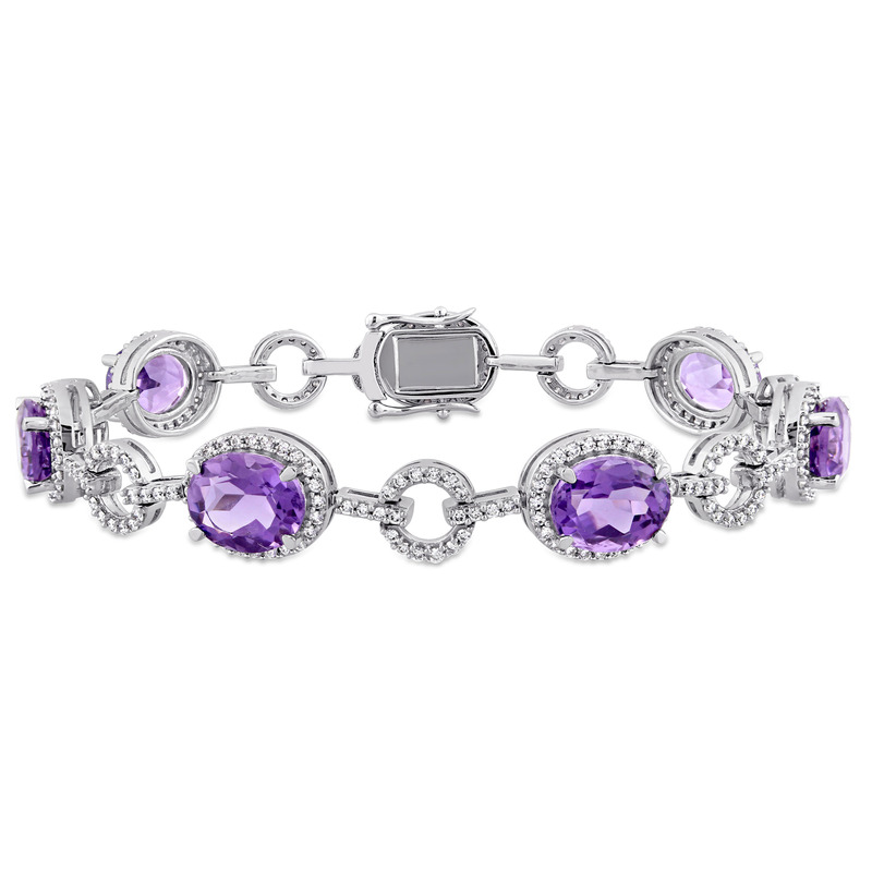 14 CT TGW Amethyst and 1 1/2 CT TW Diamond Link Bracelet in 14K White Gold