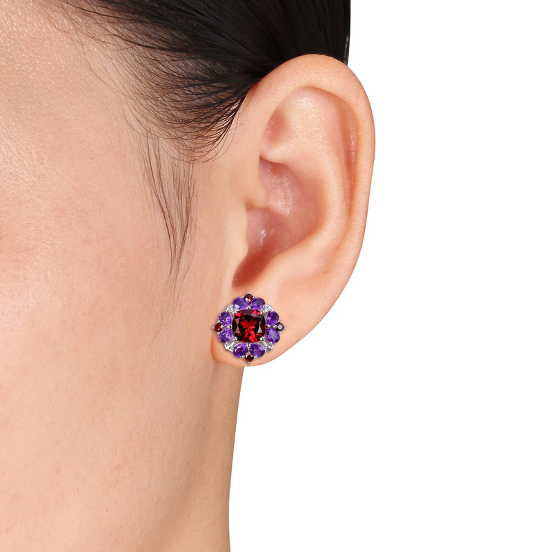 8 7/8 CT TGW Garnet and African Amethyst Quatrefoil Floral Earrings in Sterling Silver