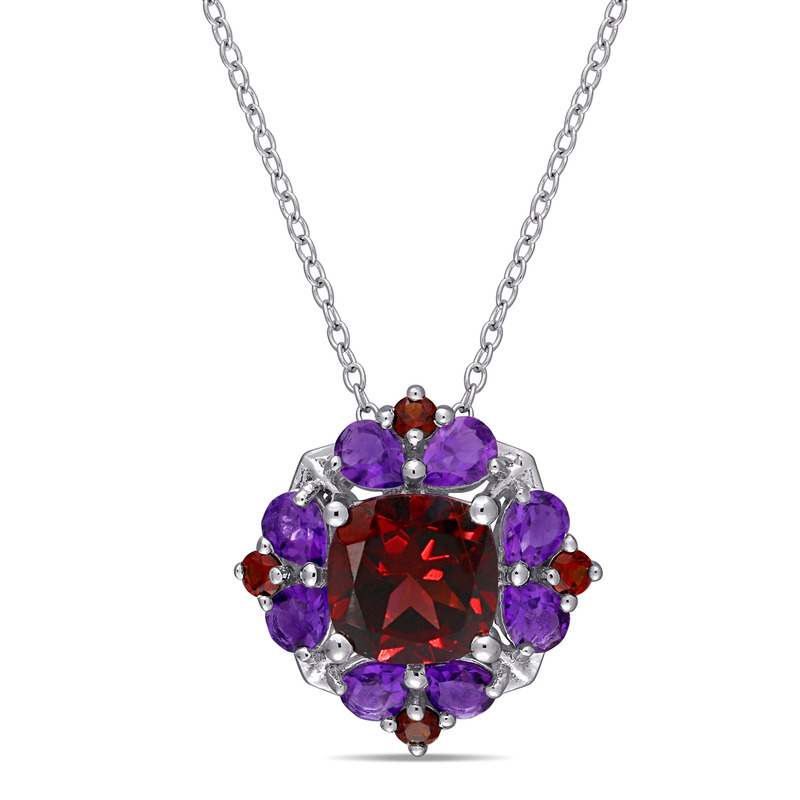 4 2/5 CT TGW Garnet and African Amethyst Quatrefoil Floral Pendant with Chain in Sterling Silver