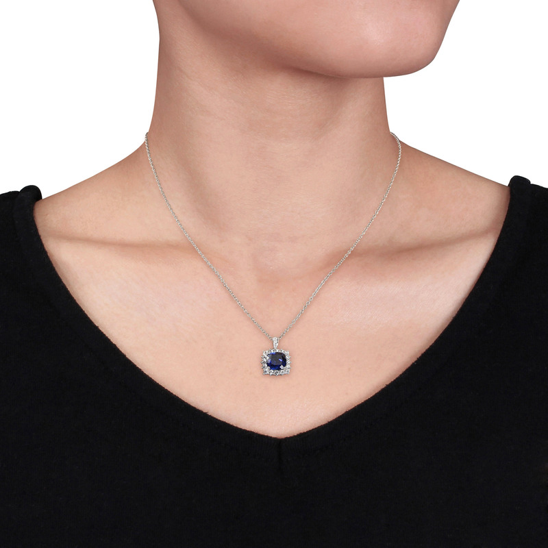 3 3/5 CT TGW Created Blue and Created White Sapphire and Diamond Halo Pendant with Chain in Sterling Silver - 18 in.