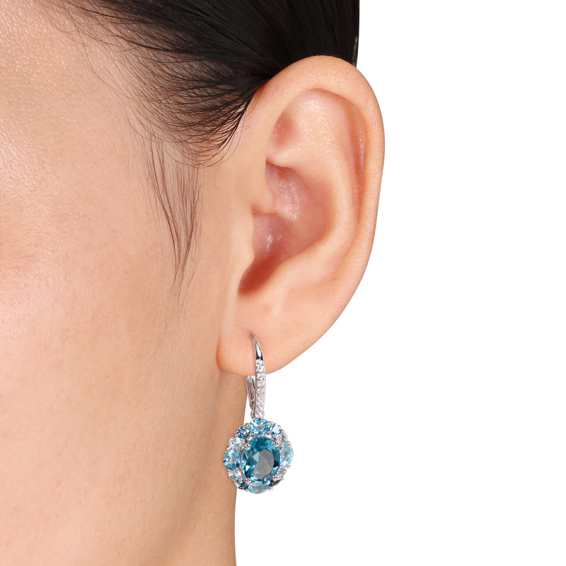 7 7/8 CT TGW London, Swiss, Sky Blue and White Topaz Leverback Floral Earrings in Sterling Silver