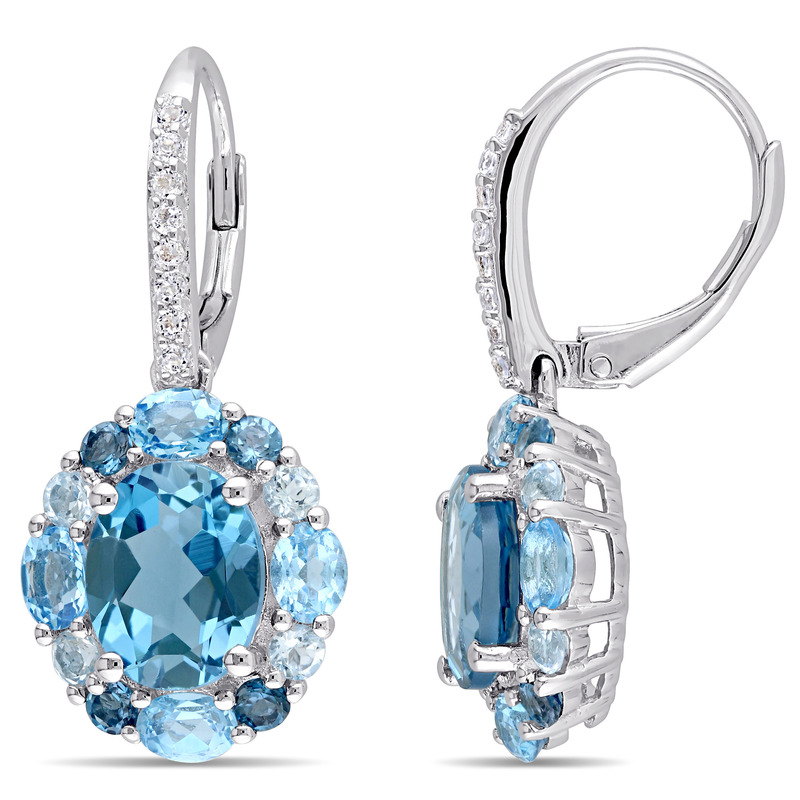 7 7/8 CT TGW London, Swiss, Sky Blue and White Topaz Leverback Floral Earrings in Sterling Silver