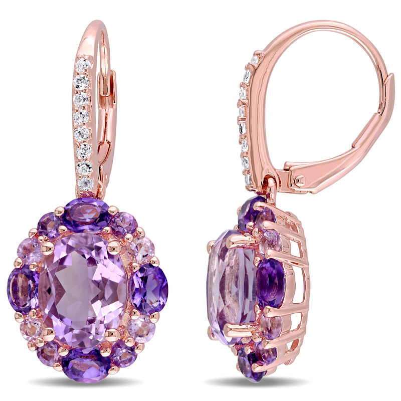 5 1/2 CT TGW Amethyst, White Topaz and Rose de France Floral Leverback Earrings in Rose Plated Sterling Silver