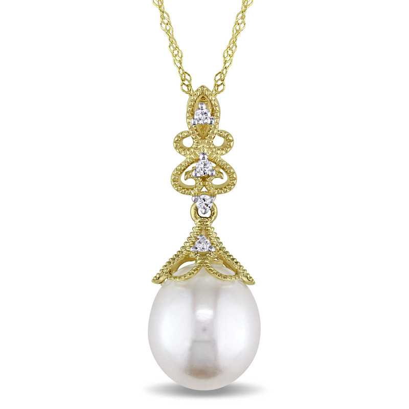 9 - 9.5 MM Cultured Freshwater Pearl and Diamond Vintage Drop Pendant With Chain in 14k Yellow Gold