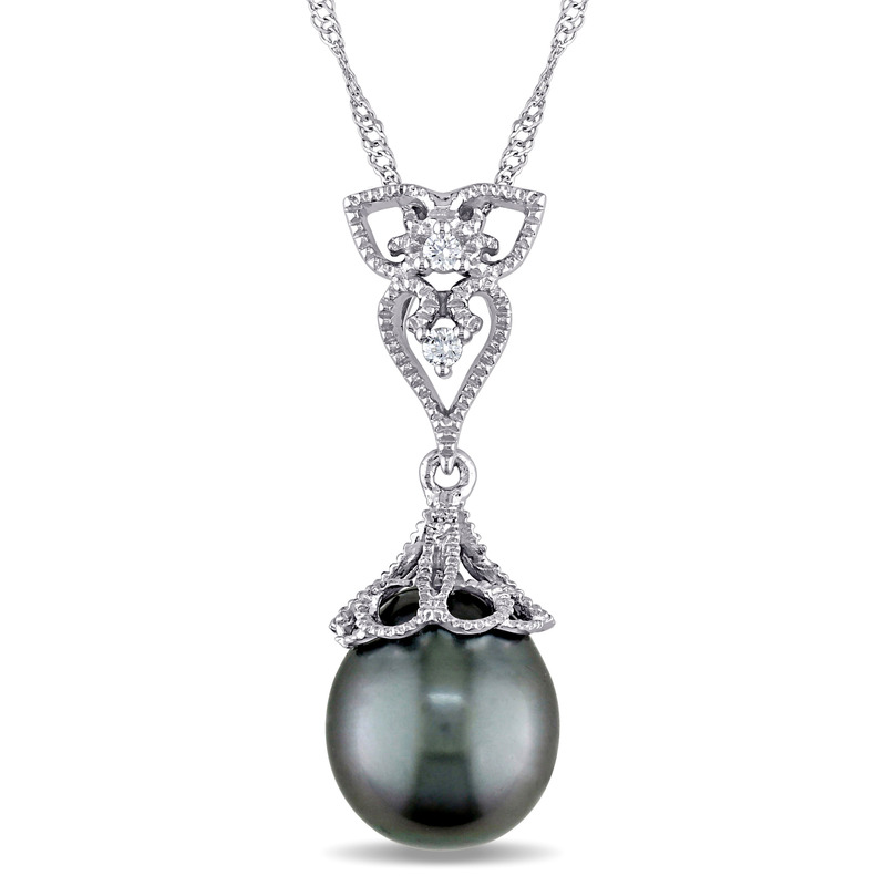 9 - 9.5 MM Black Tahitian Pearl and Diamond Vintage Drop Pendant With Chain in 14k White Gold