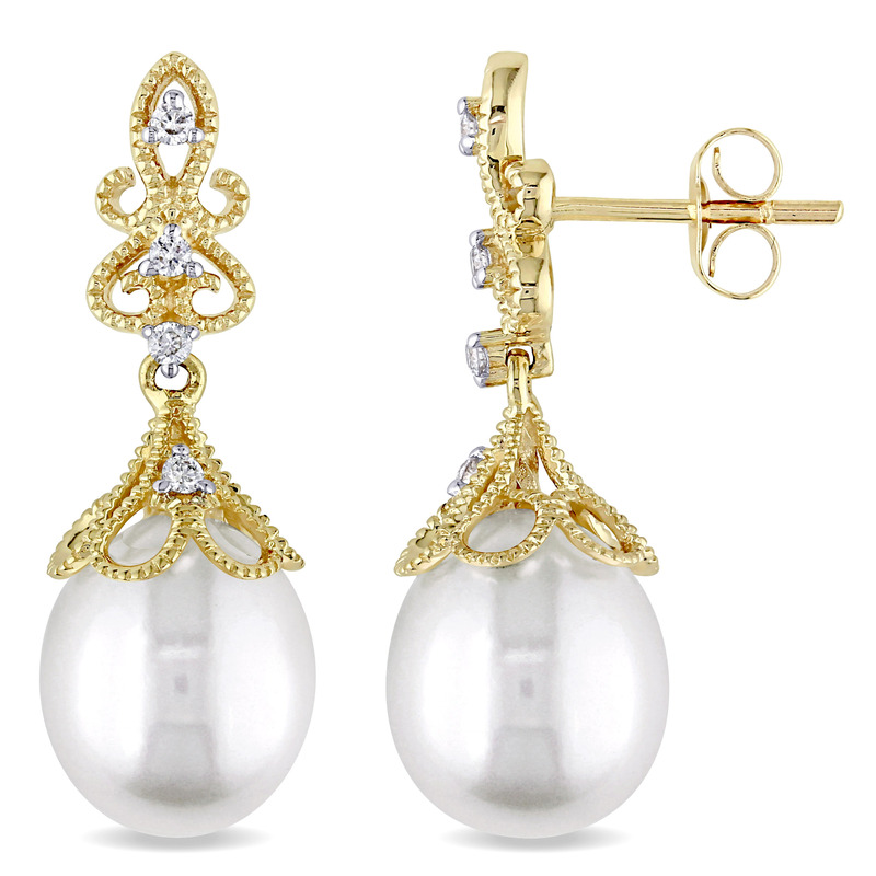 9 - 9.5 MM Cultured Freshwater Pearl and 1/10 CT TW Diamond Vintage Drop Earrings in 14k Yellow Gold