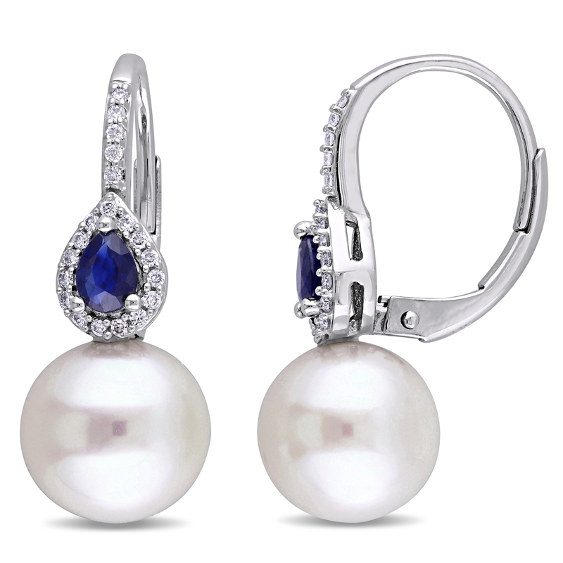 9 - 9.5 MM Cultured Freshwater Pearl, 1/8 CT TW Diamond and Pear-Shaped Sapphire Leverback Earrings in 14k White Gold