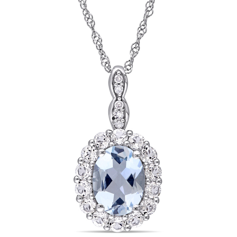 Oval Shape Aquamarine, White Topaz and Diamond Accent Vintage Pendant With Chain in 14k White Gold