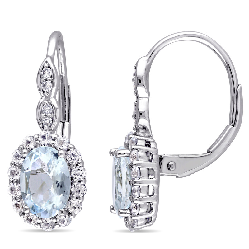 2 CT TGW Oval Shape Aquamarine, White Topaz and Diamond Accent Vintage LeverBack Earrings in 14k White Gold