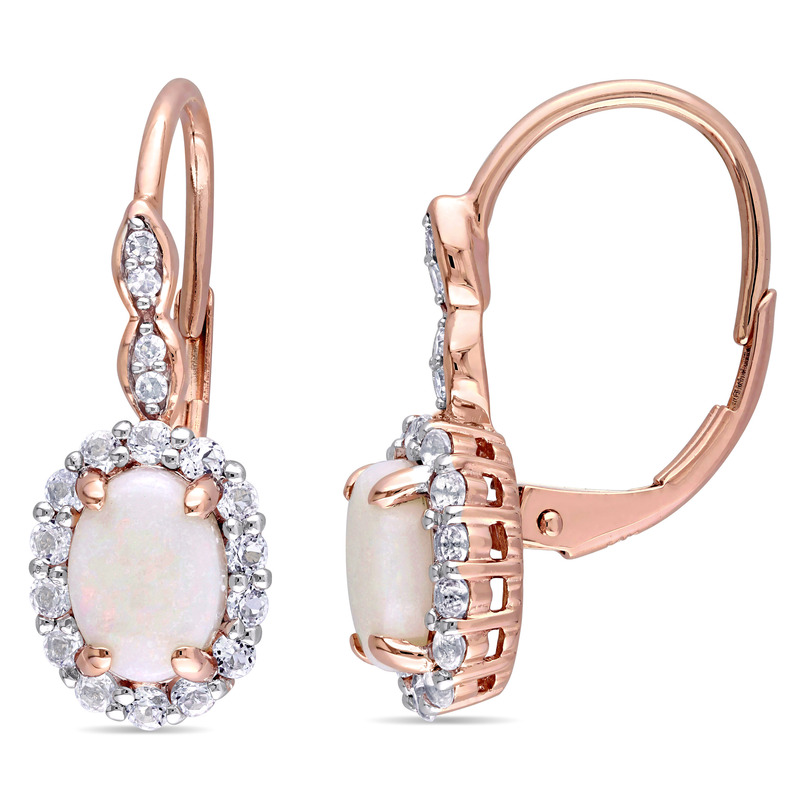 1 3/4 CT TGW Oval Shape Opal, White Topaz and Diamond Accent Vintage LeverBack Earrings in 14k Rose Gold