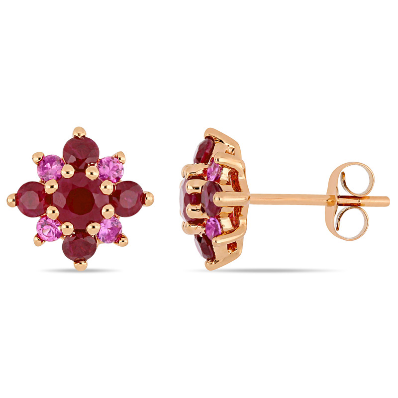 1 3/4 CT TGW Ruby and Pink Sapphire Clustered Star Stud Earrings in 14k Rose Gold