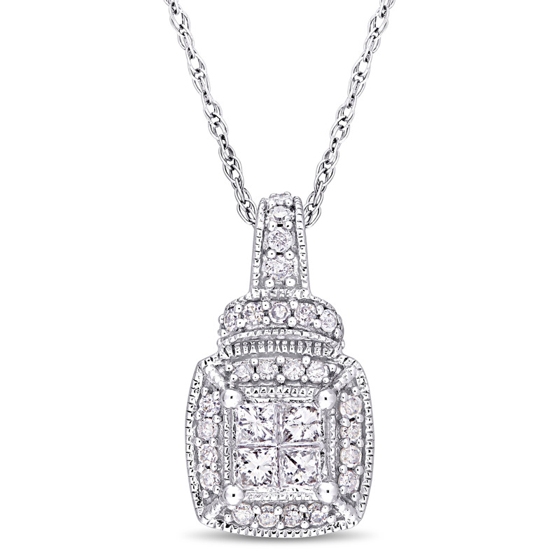 1/3 CT TW Princess and Round Diamond Cluster Pendant with Chain in 10k White Gold