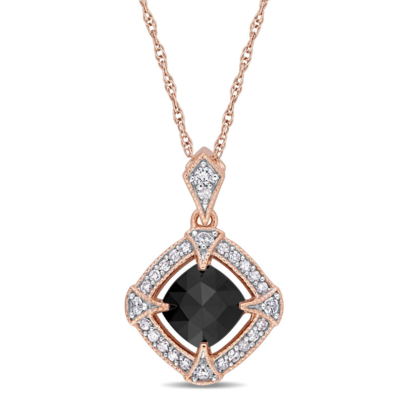 1 1/8 CT TW Round & Cushion-Cut Black & White Diamond Halo Pendant with Chain in 10k Rose Gold