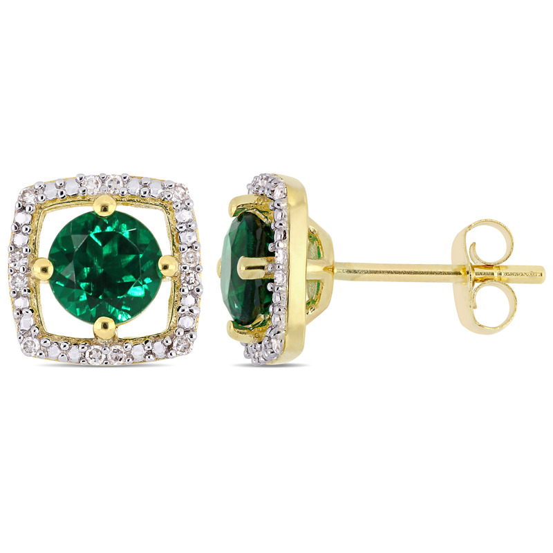 1 CT TGW Created Emerald Diamond Square Stud Earrings in 10k Yellow Gold