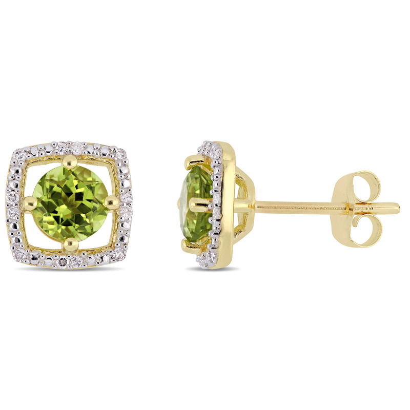 1 1/8 CT TGW Peridot and Diamond Square Stud Earrings in 10k Yellow Gold