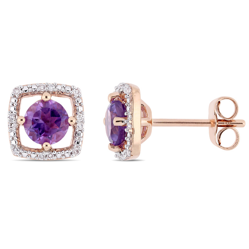 4/5 CT TGW Amethyst and Diamond Halo Square Stud Earrings in 10k Rose Gold