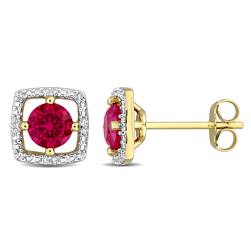 1 1/6 CT TGW Created Ruby and Diamond Accent Square Stud Earrings in 10k Yellow Gold