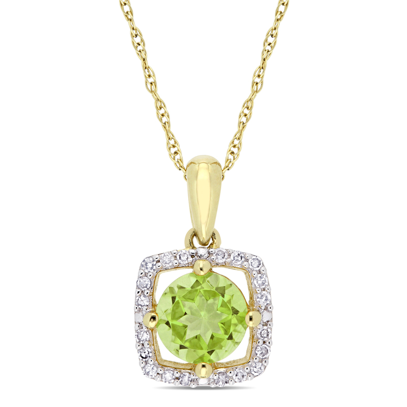 7/8 CT TGW Peridot and 1/10 CT TW Diamond Square Halo Pendant with Chain in 10k Yellow Gold