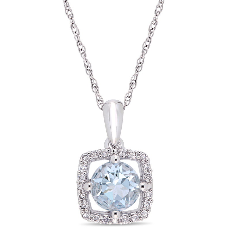 3/4 CT TGW Aquamarine and Diamond Square Halo Pendant with Chain in 10k White Gold