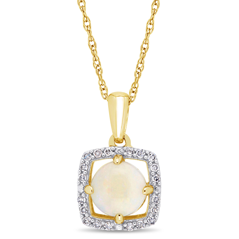 Opal and 1/10 CT TW Diamond Floating Square Halo Necklace in 10k Yellow Gold