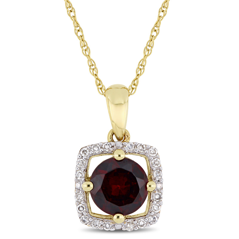 1 CT TGW Garnet and 1/10 CT TW Diamond Halo Square Drop Pendant with Chain in 10k Yellow Gold