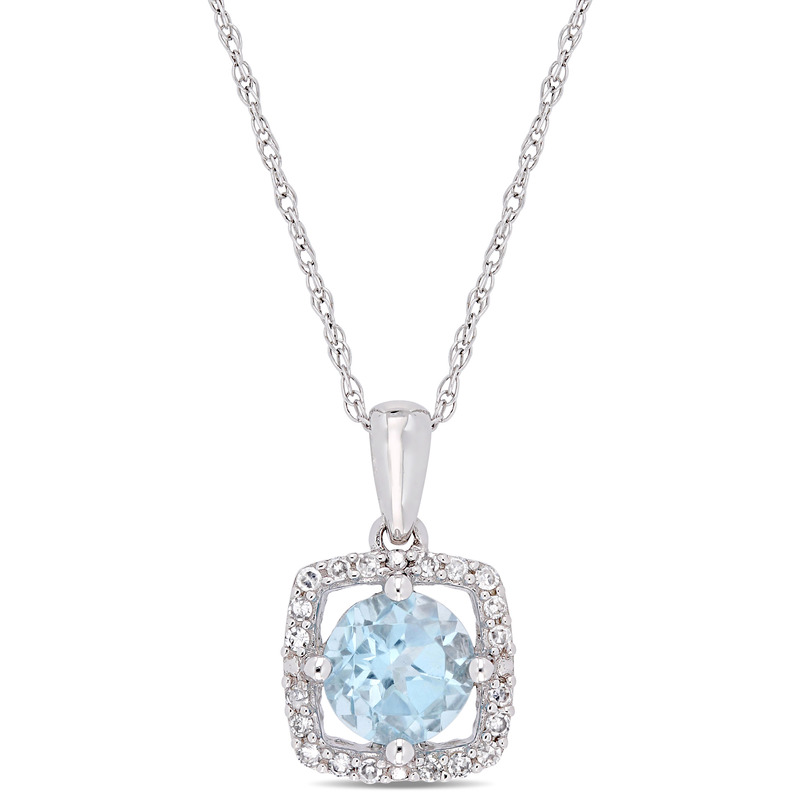 1 CT TGW Sky Blue Topaz and 1/10 CT TW Diamond Square Halo Pendant with Chain in 10k White Gold