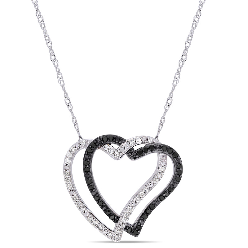 1/4 CT TW Black and White Diamond Double Open Heart Necklace in 10k White Gold with Black Rhodium Plating