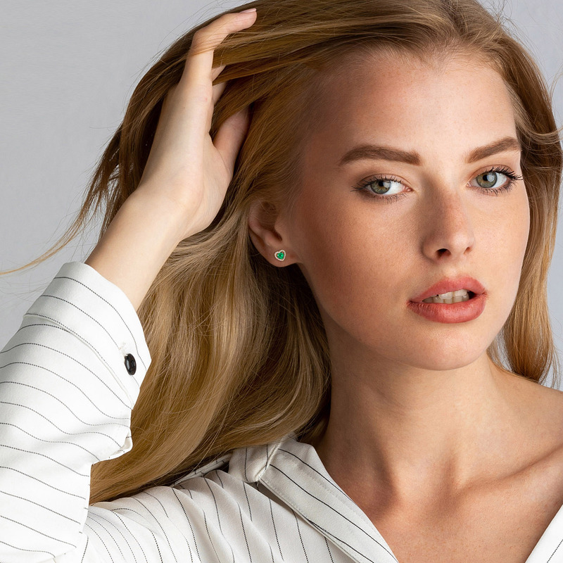 5/8 CT TGW Emerald and 1/5 CT TW Diamond Heart Halo Stud Earrings in 14k Yellow Gold